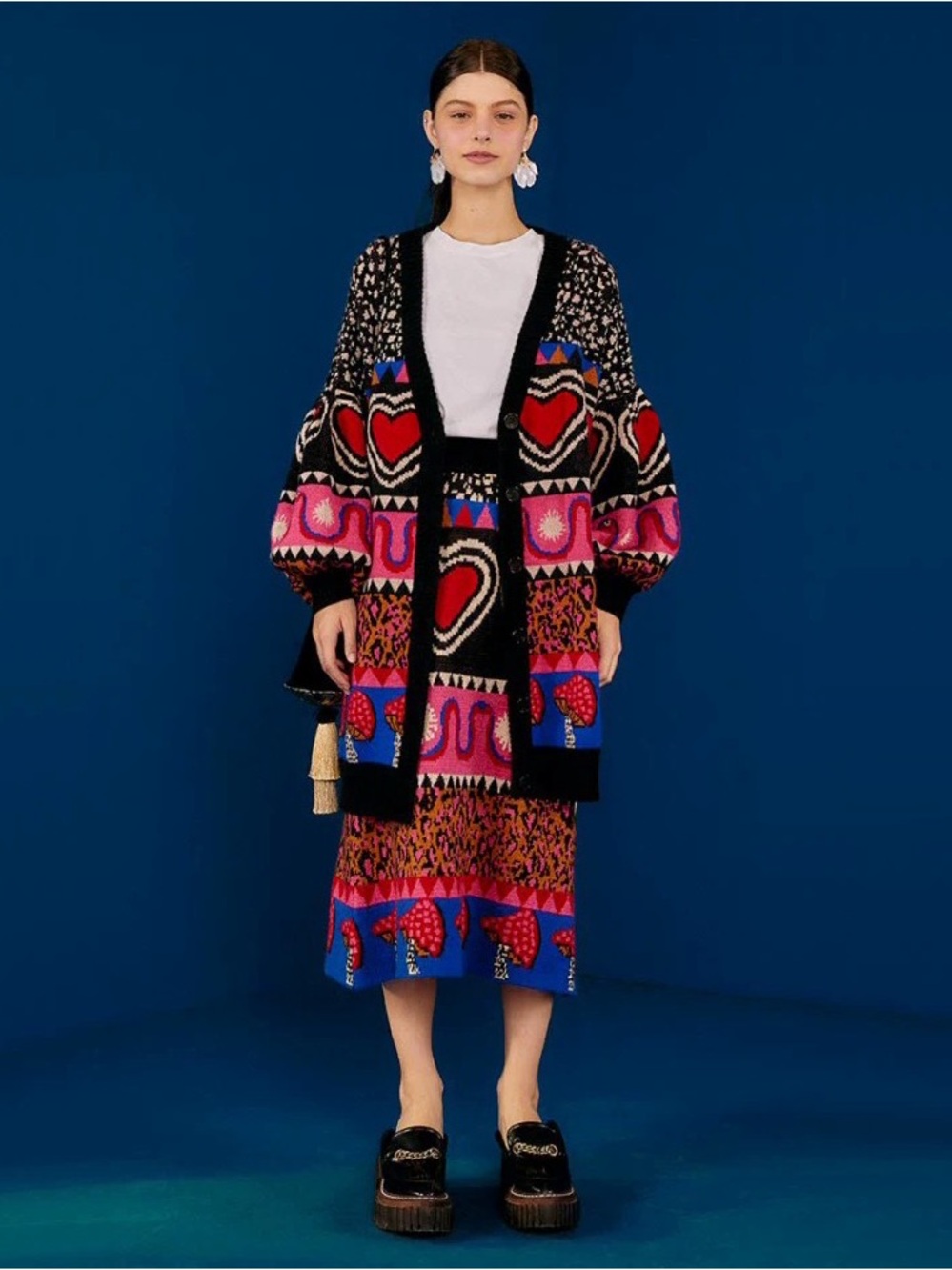 FARM Rio Black Cardigan with Red and Pink Heart Motifs